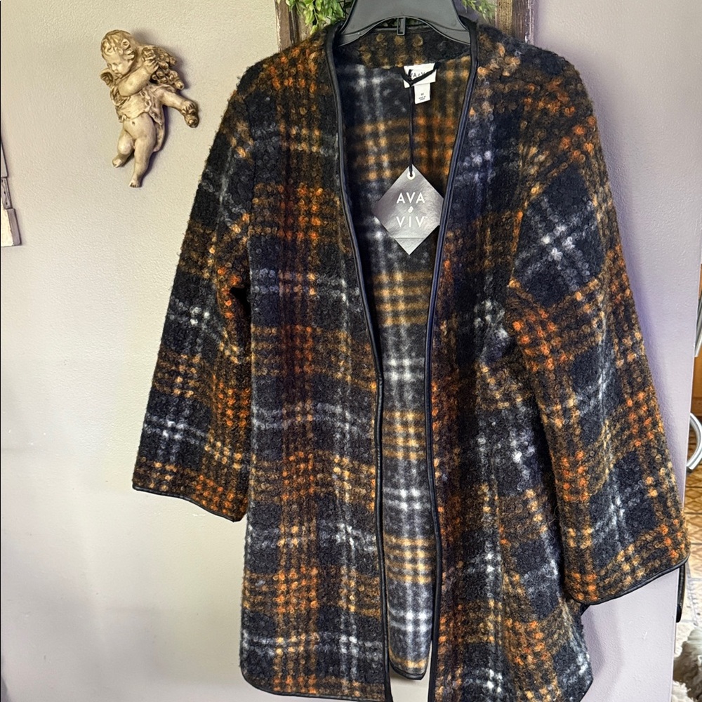 Ava & Viv Black, Orange and Gray Plaid Open-Front Trench Coat